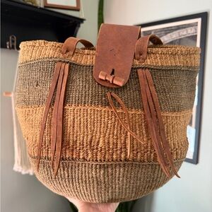 VTG 70s Sisal Jute Handwoven Striped Market Tote with Leather Accents